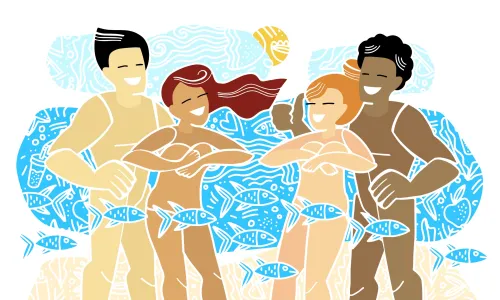 Nudism party nude people relax on a nudist beach illustration